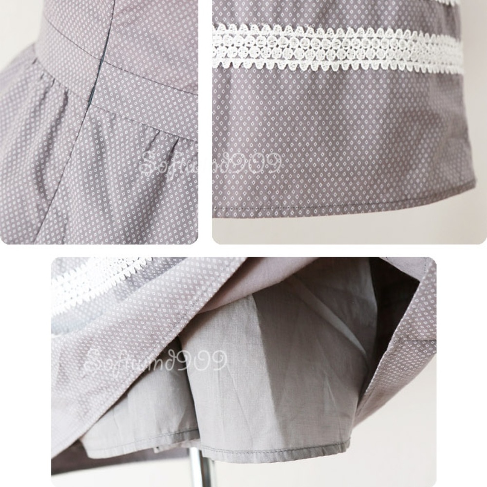 Gray White Lace Trim 100% Cotton Cute A line Dress - Picture 6 of 8